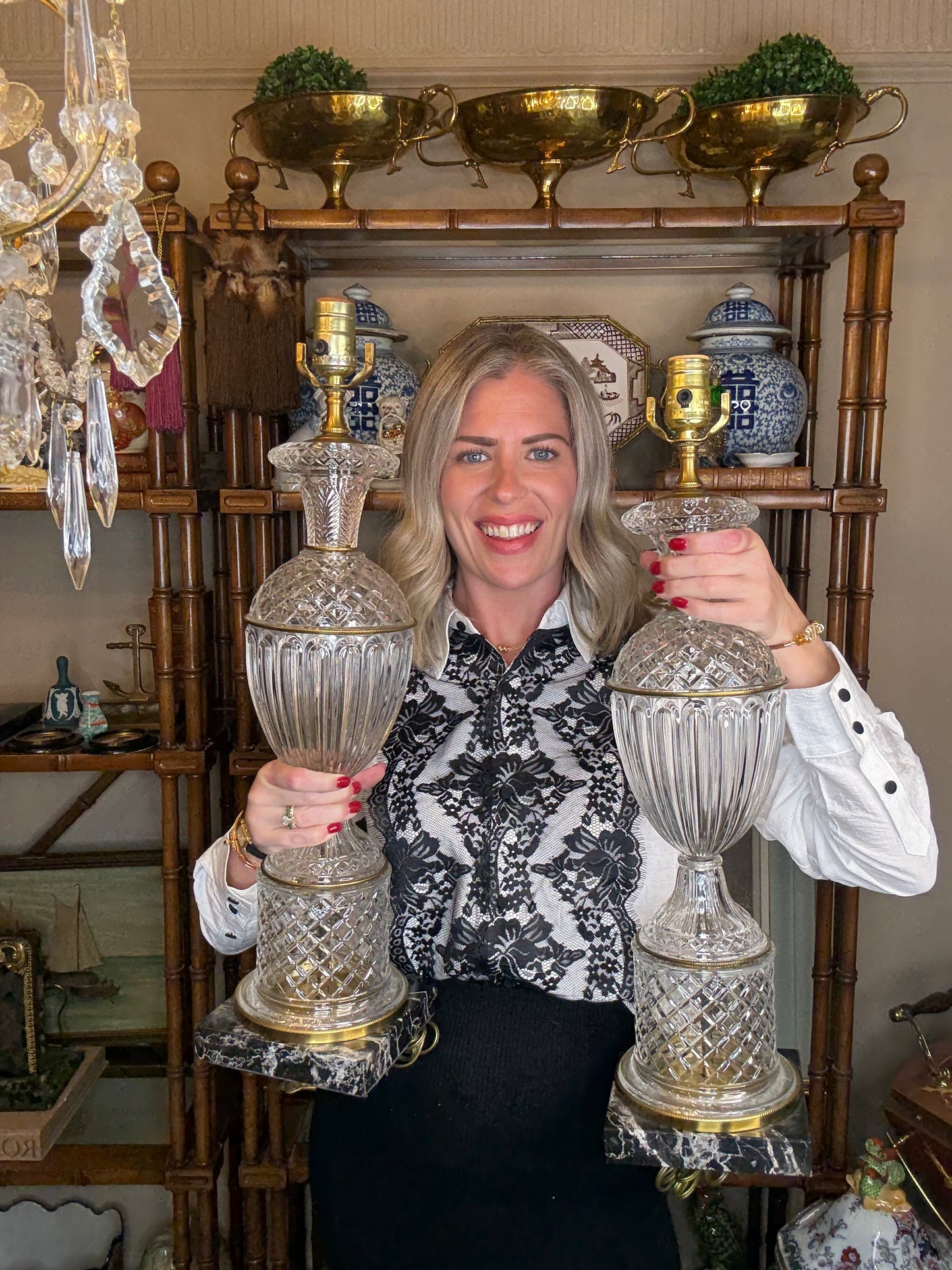 Pair of Vintage Paul Hanson Crystal & Brass Lamps | 33″ Tall - Excellent!