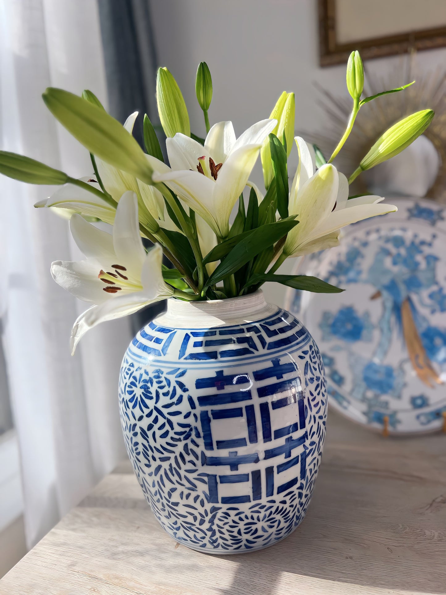 Classic Vintage Blue and White Happiness Ginger Jar Vase