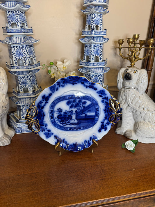 RESERVED - DA4395 - Samuel Alcock Oriental pattern flow blue and gilt handled dish, c.1860