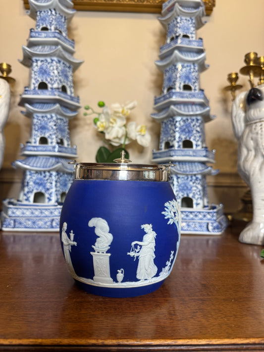 RESERVED - DA4333 - Wedgwood jasper and silver plate biscuit barrel, c.1890