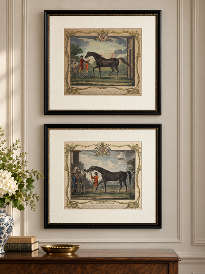 Thomas Spencer After | Richard Houston Engraved Hand-Colored Equestrian Portraits, Pair | c.1750s | Framed 19.5” H × 21.25” W