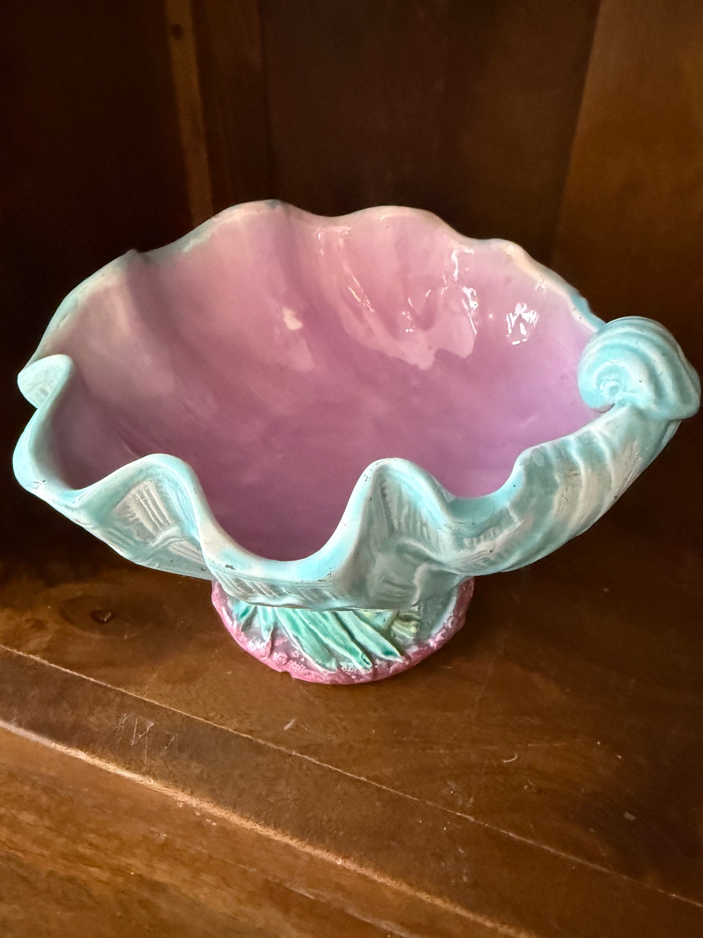 Live Sale 6/22 for Veronica  - Antique English Joseph Holdcroft Majolica Pedestal Shell Compote