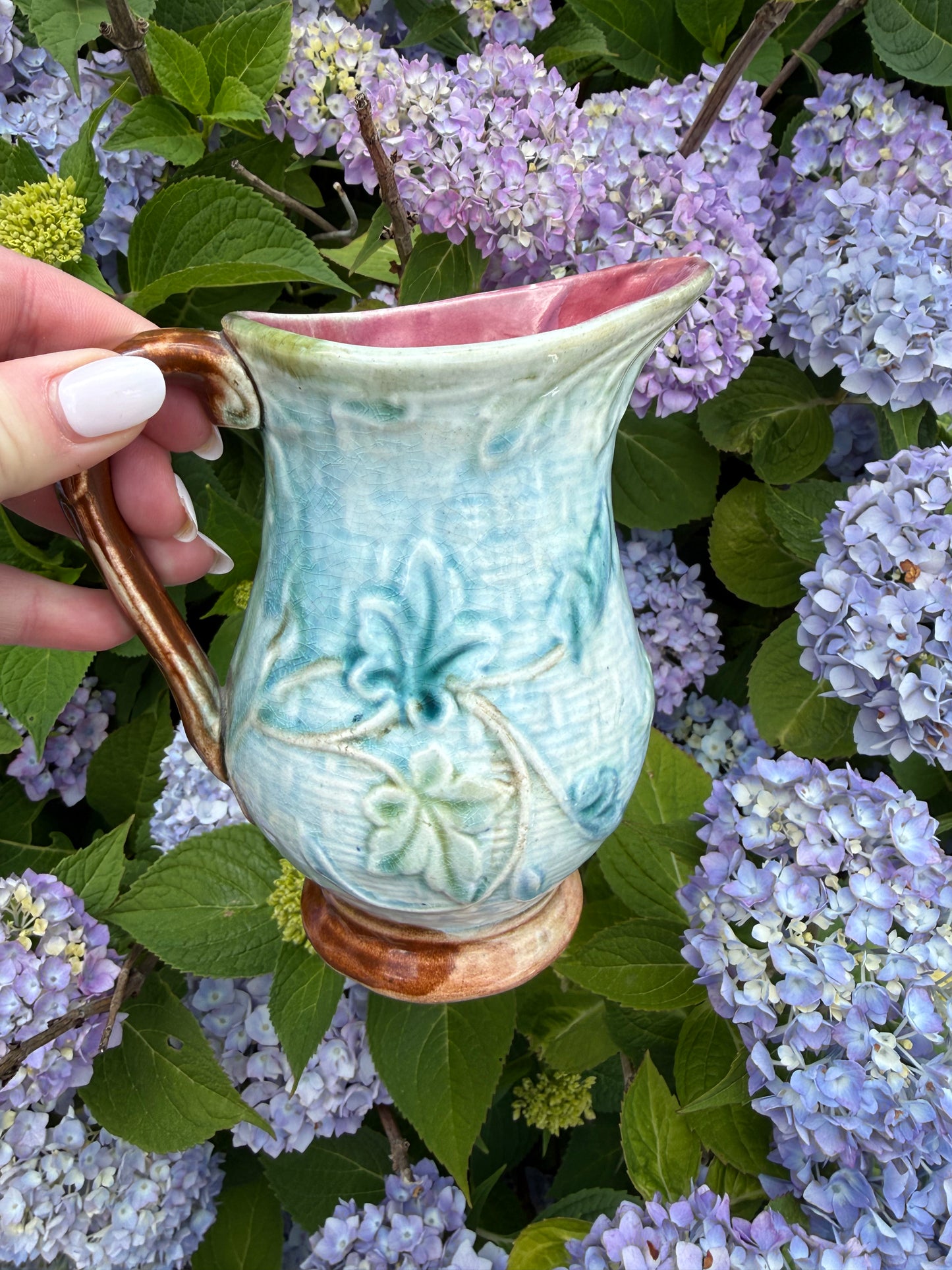 Vintage English Majolica 6” Blue Pitcher