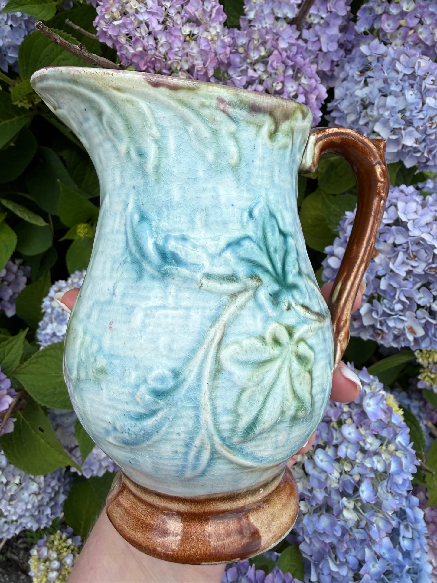 Vintage English Majolica 6” Blue Pitcher