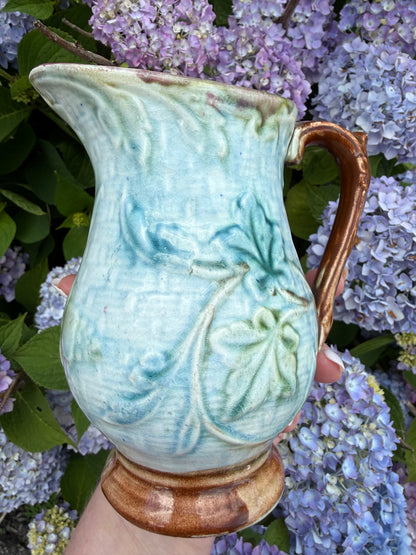 Vintage English Majolica 6” Blue Pitcher