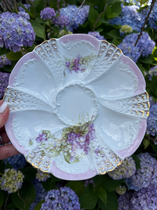 Early 1900’s Weimar Germany Porcelain Oyster Plate Pink & Gold Gilt (2 Available) - Pristine