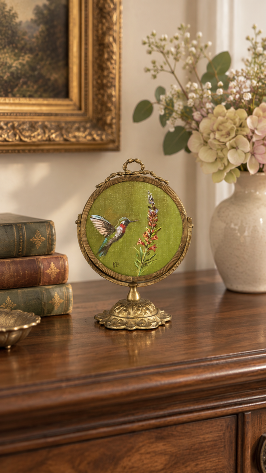 Reserved Solo Live Hummingbird original oil painting in brass vintage frame 5” tall