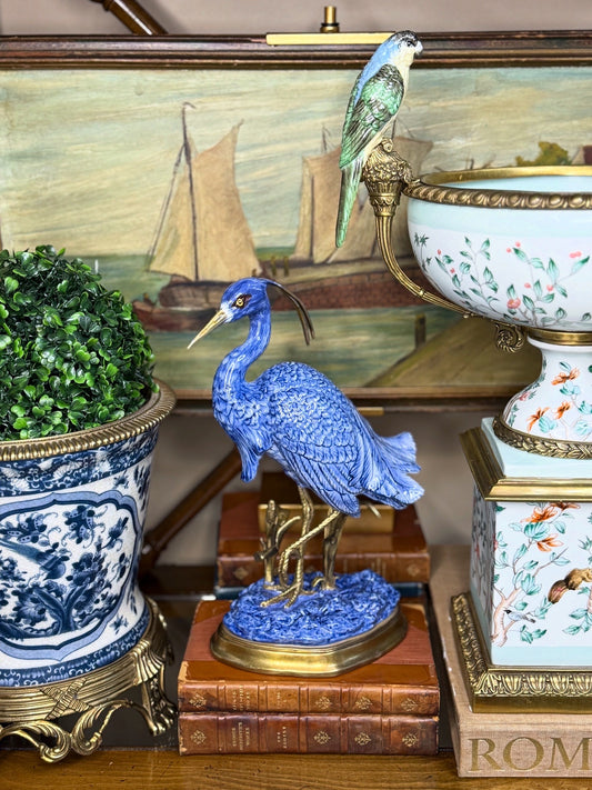 Danny's Fine Porcelain, 12” Blue & White Porcelain & Bronze Crane/Egret/Heron Bird Figure on base