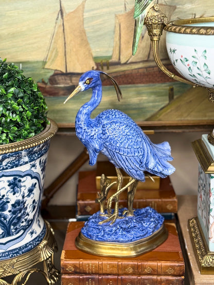 Danny's Fine Porcelain, 12” Blue & White Porcelain & Bronze Crane/Egret/Heron Bird Figure on base