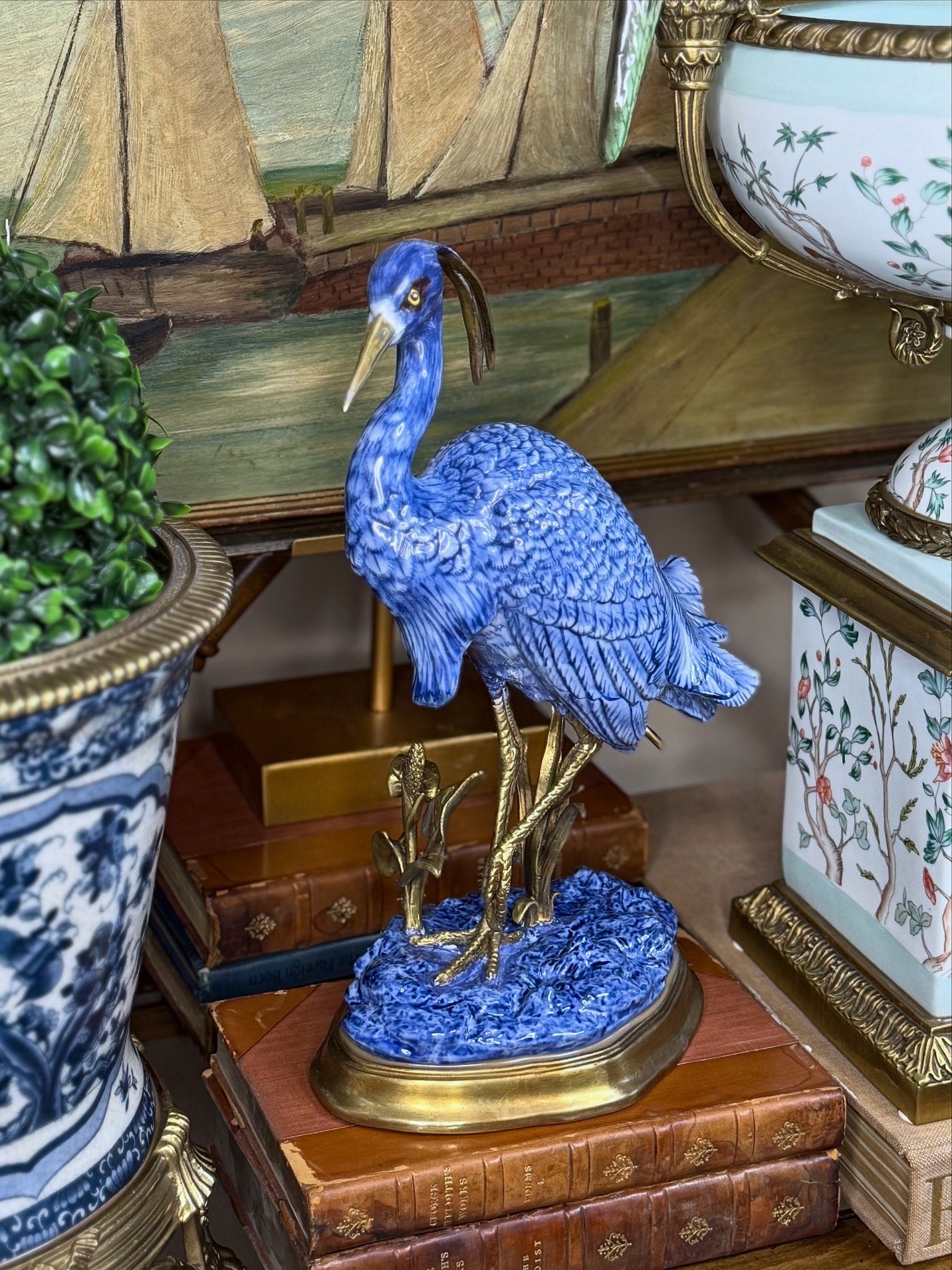 Danny's Fine Porcelain, 12” Blue & White Porcelain & Bronze Crane/Egret/Heron Bird Figure on base