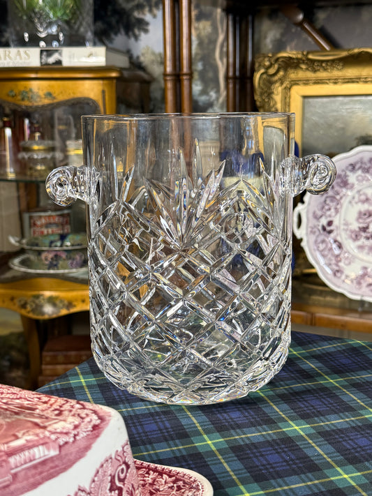 Vintage Heavy Lead Crystal Cut Glass Ice Bucket with Applied Handles | 8” Tall