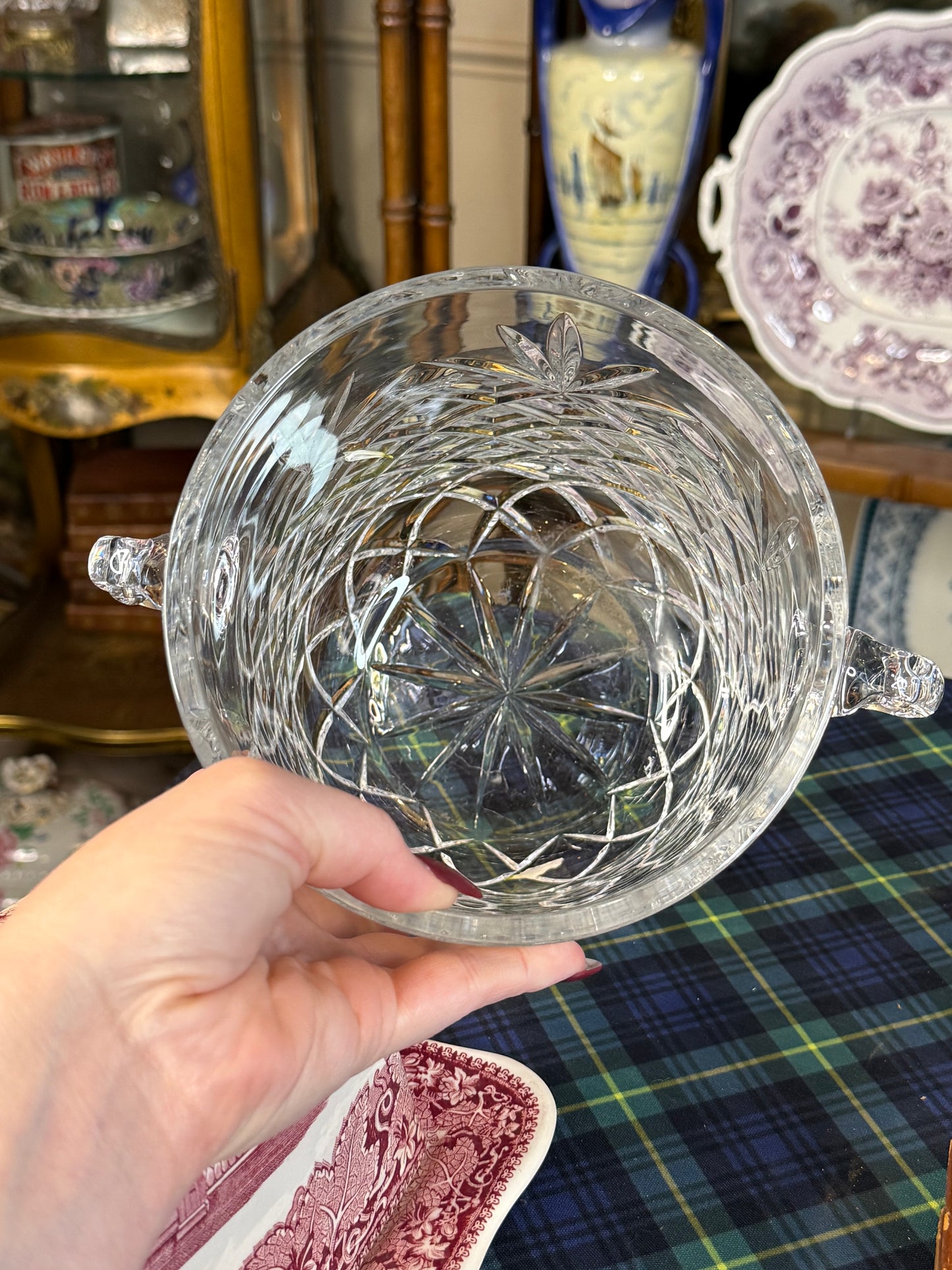 Vintage Heavy Lead Crystal Cut Glass Ice Bucket with Applied Handles | 8” Tall