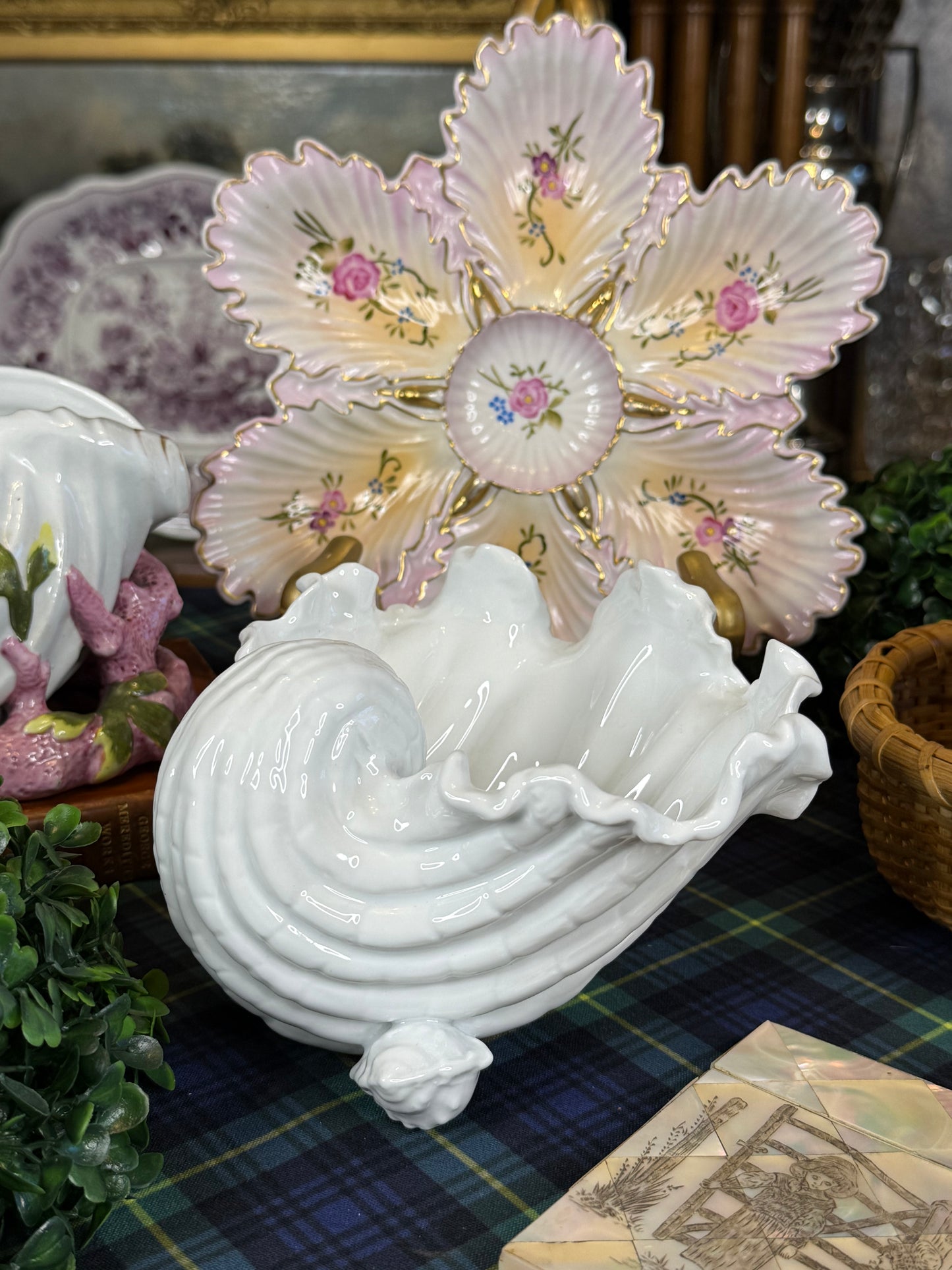 Antique Victorian White Porcelain Shell-Form Centerpiece Bowl | Naturalistic Seashell Sweetmeat Dish | c. 1870