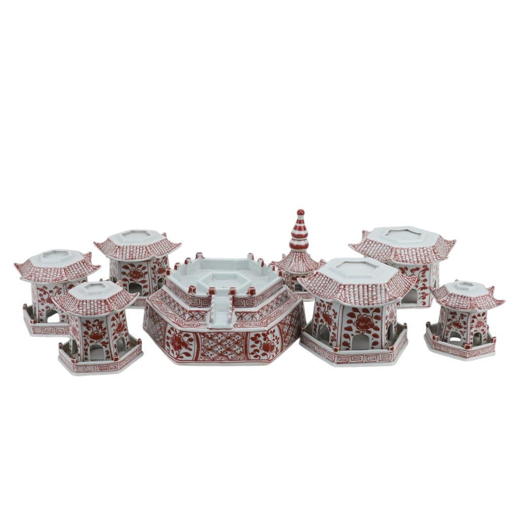 Danny’s Fine Porcelain | Red & White Porcelain 8 Pc. Pagoda | 48”H Hand-Painted Stacking Pagoda | Color Classic | 2 Available