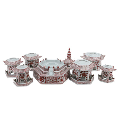 Danny’s Fine Porcelain | Red & White Porcelain 8 Pc. Pagoda | 48”H Hand-Painted Stacking Pagoda | Color Classic | 2 Available