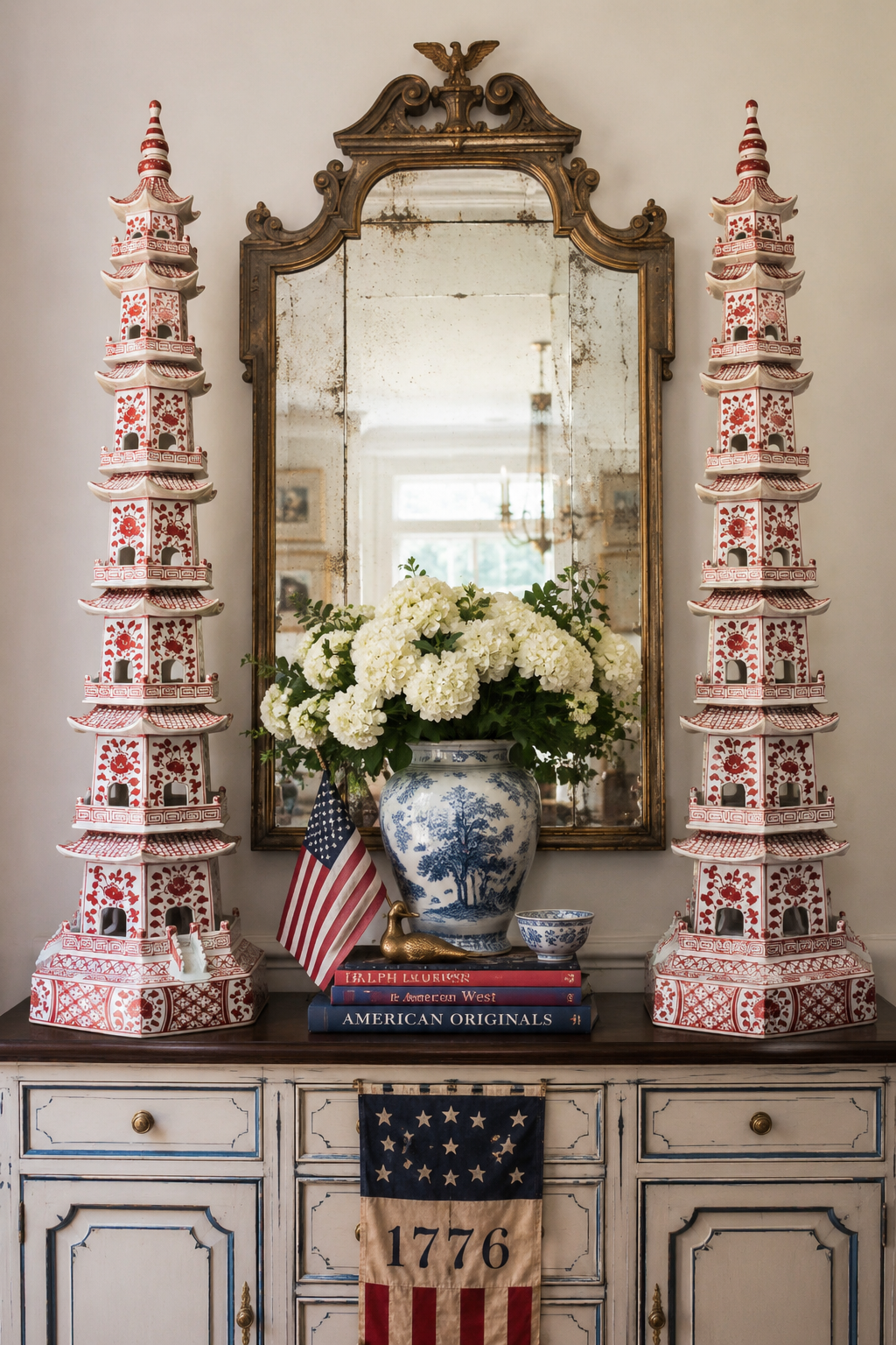 Danny’s Fine Porcelain | Red & White Porcelain 8 Pc. Pagoda | 48”H Hand-Painted Stacking Pagoda | Color Classic | 2 Available