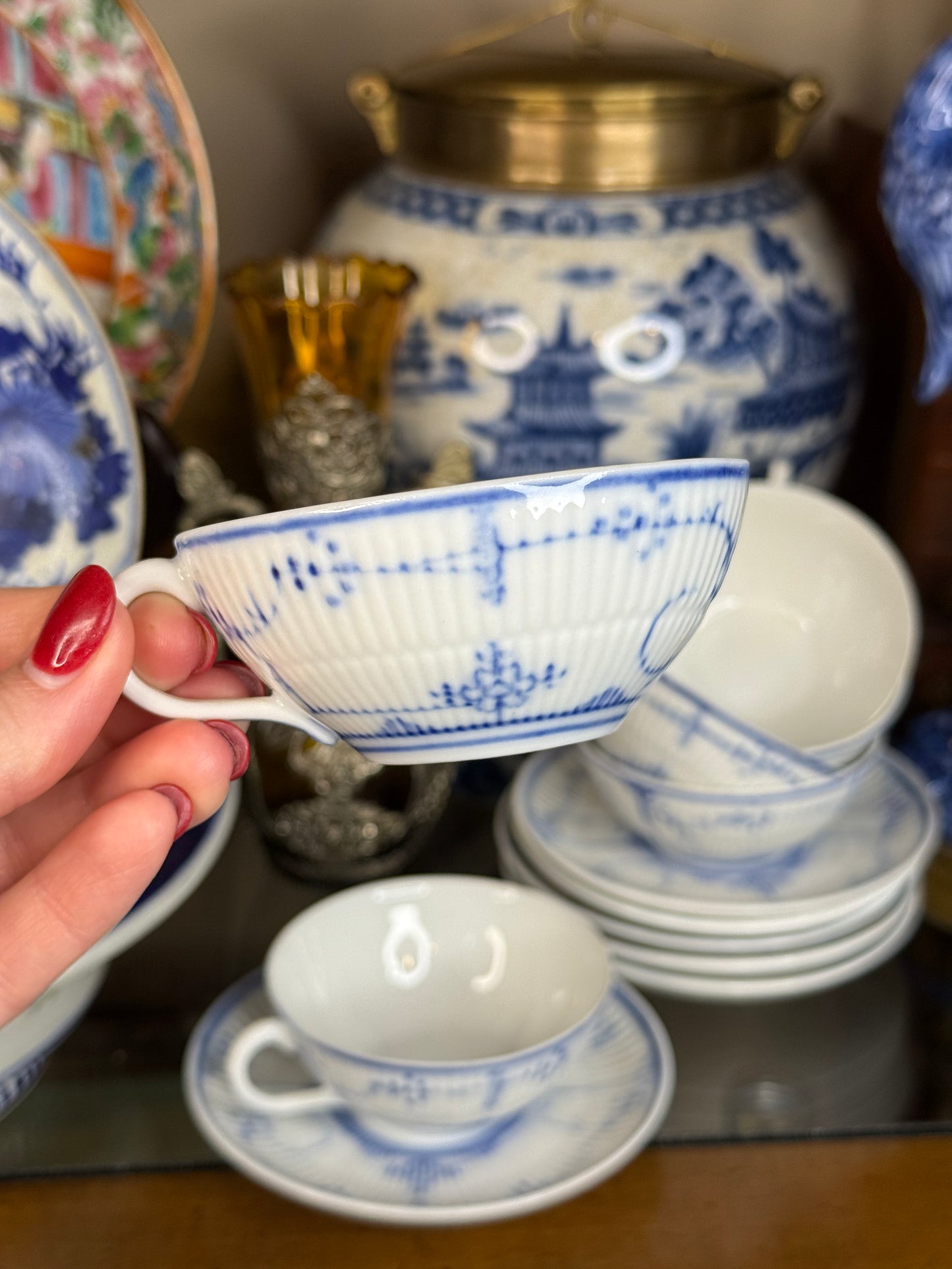 Royal Copenhagen “Blue Fluted Plain” Cups & Saucers: Hand-Painted Danish Porcelain| Set of 6