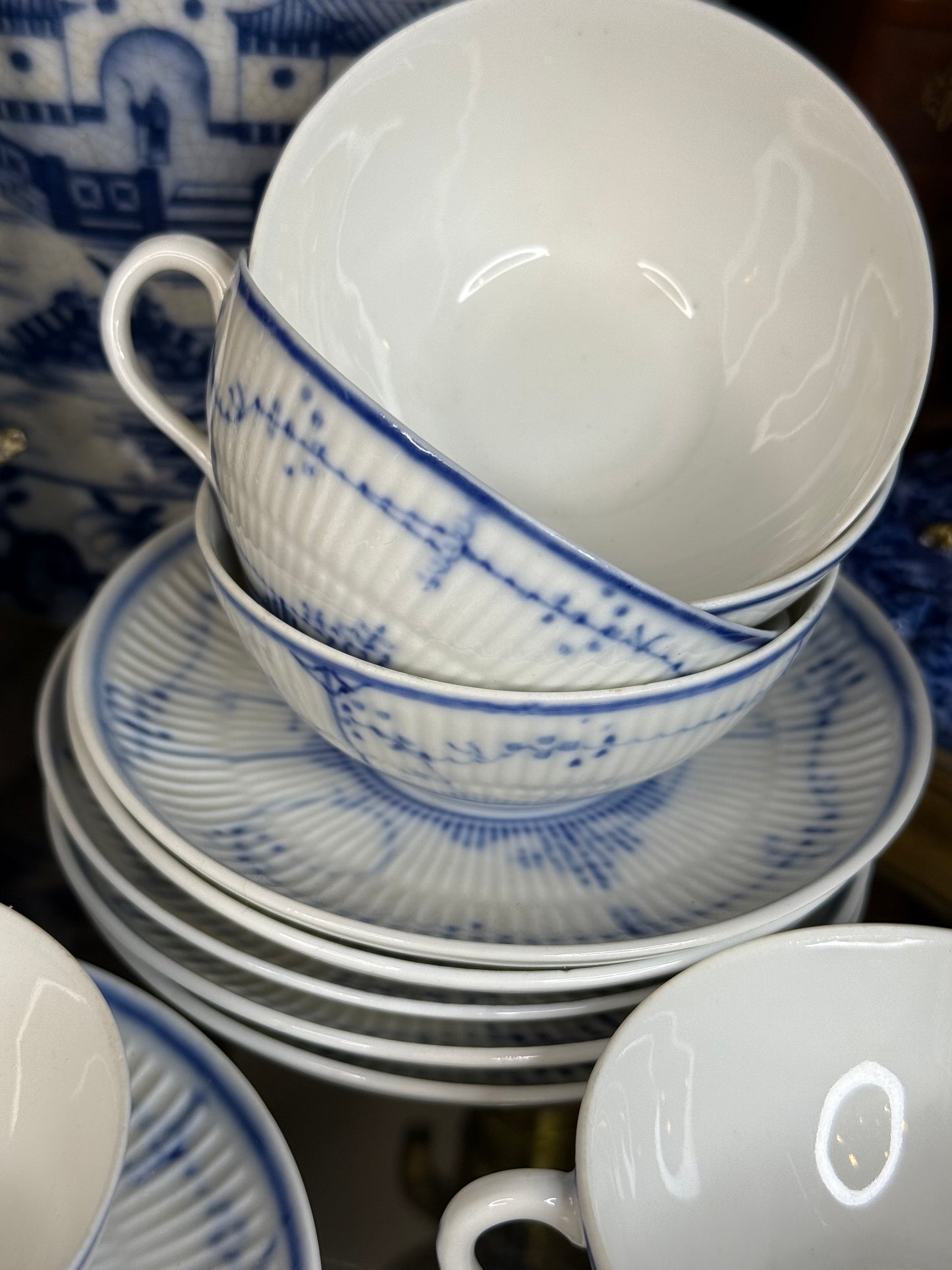 Royal Copenhagen “Blue Fluted Plain” Cups & Saucers: Hand-Painted Danish Porcelain| Set of 6