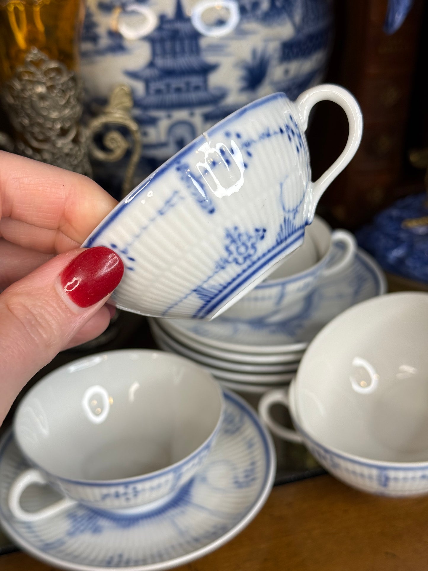 Royal Copenhagen “Blue Fluted Plain” Cups & Saucers: Hand-Painted Danish Porcelain| Set of 6