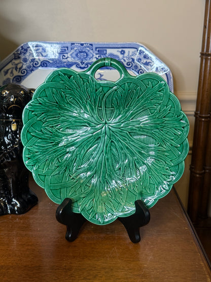 Antique Wedgwood Green Majolica Leaf Handled Serving Platter | English Aesthetic Movement | c.1875–1890