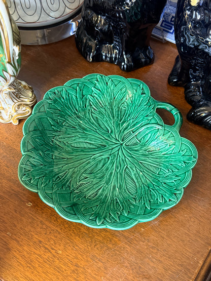 Antique Wedgwood Green Majolica Leaf Handled Serving Platter | English Aesthetic Movement | c.1875–1890