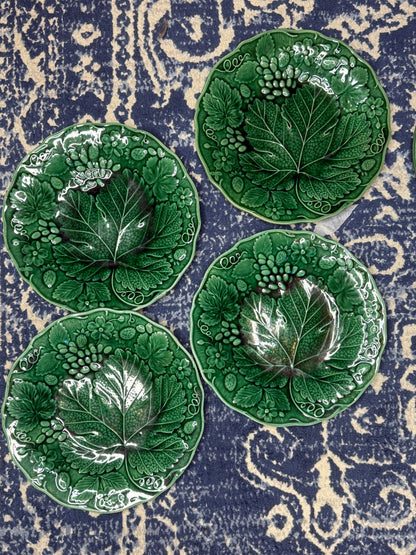 Antique French Majolica Strawberry & Vine Plates | Set of 4 | Green Botanical Relief | Victorian Faience | DA4532