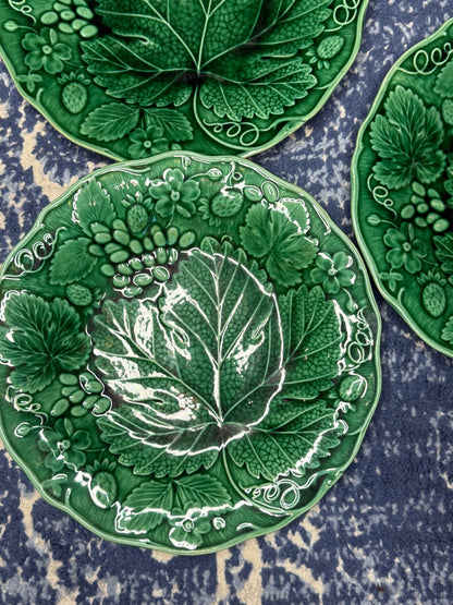 Antique French Majolica Strawberry & Vine Plates | Set of 4 | Green Botanical Relief | Victorian Faience | DA4532