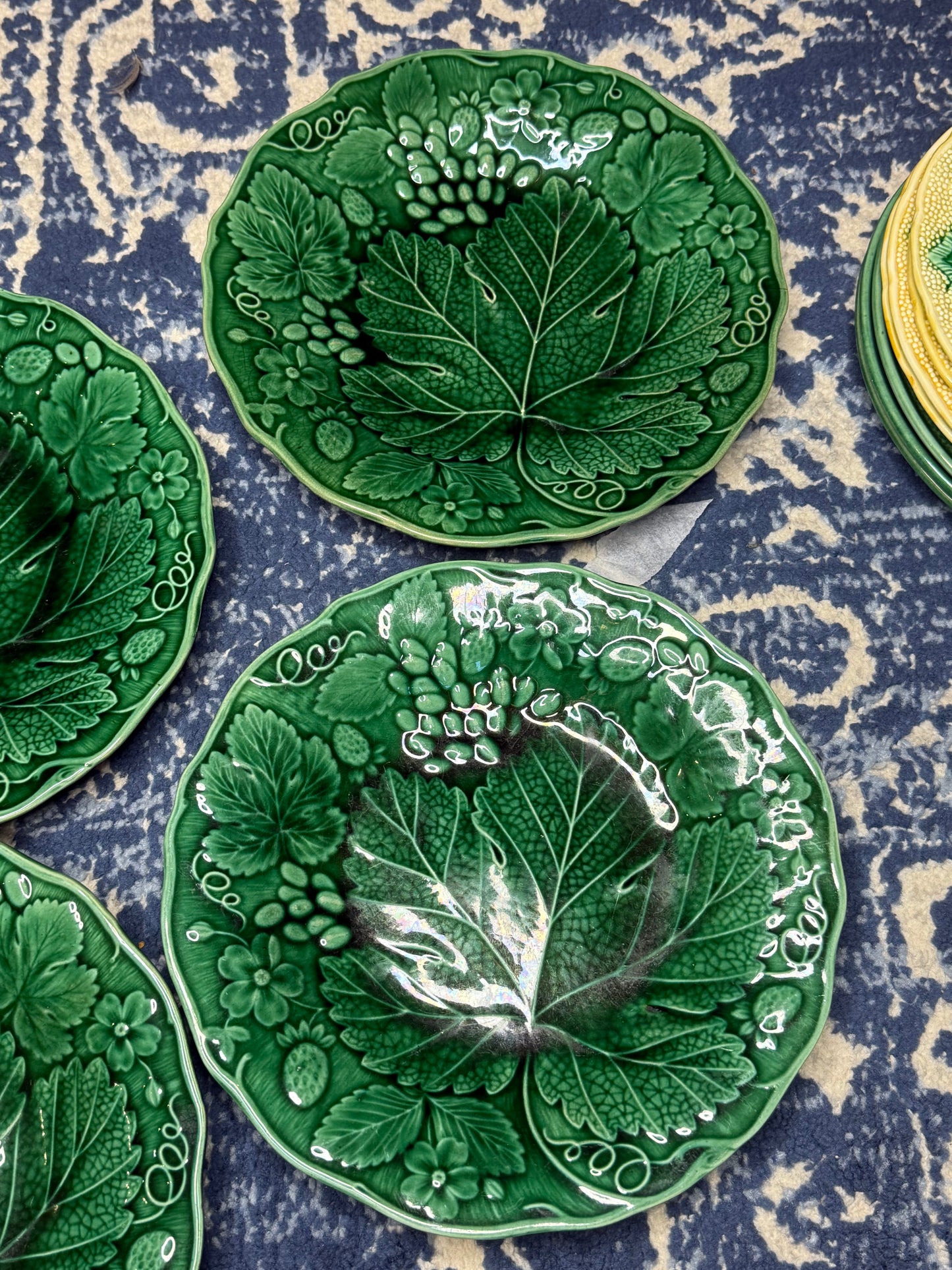 Antique French Majolica Strawberry & Vine Plates | Set of 4 | Green Botanical Relief | Victorian Faience | DA4532