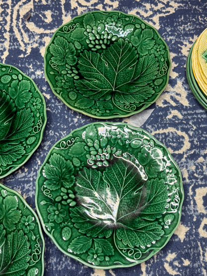 Antique French Majolica Strawberry & Vine Plates | Set of 4 | Green Botanical Relief | Victorian Faience | DA4532