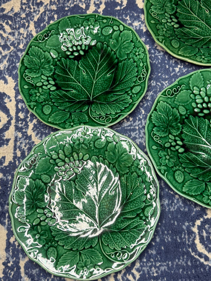 Antique French Majolica Strawberry & Vine Plates | Set of 4 | Green Botanical Relief | Victorian Faience | DA4532