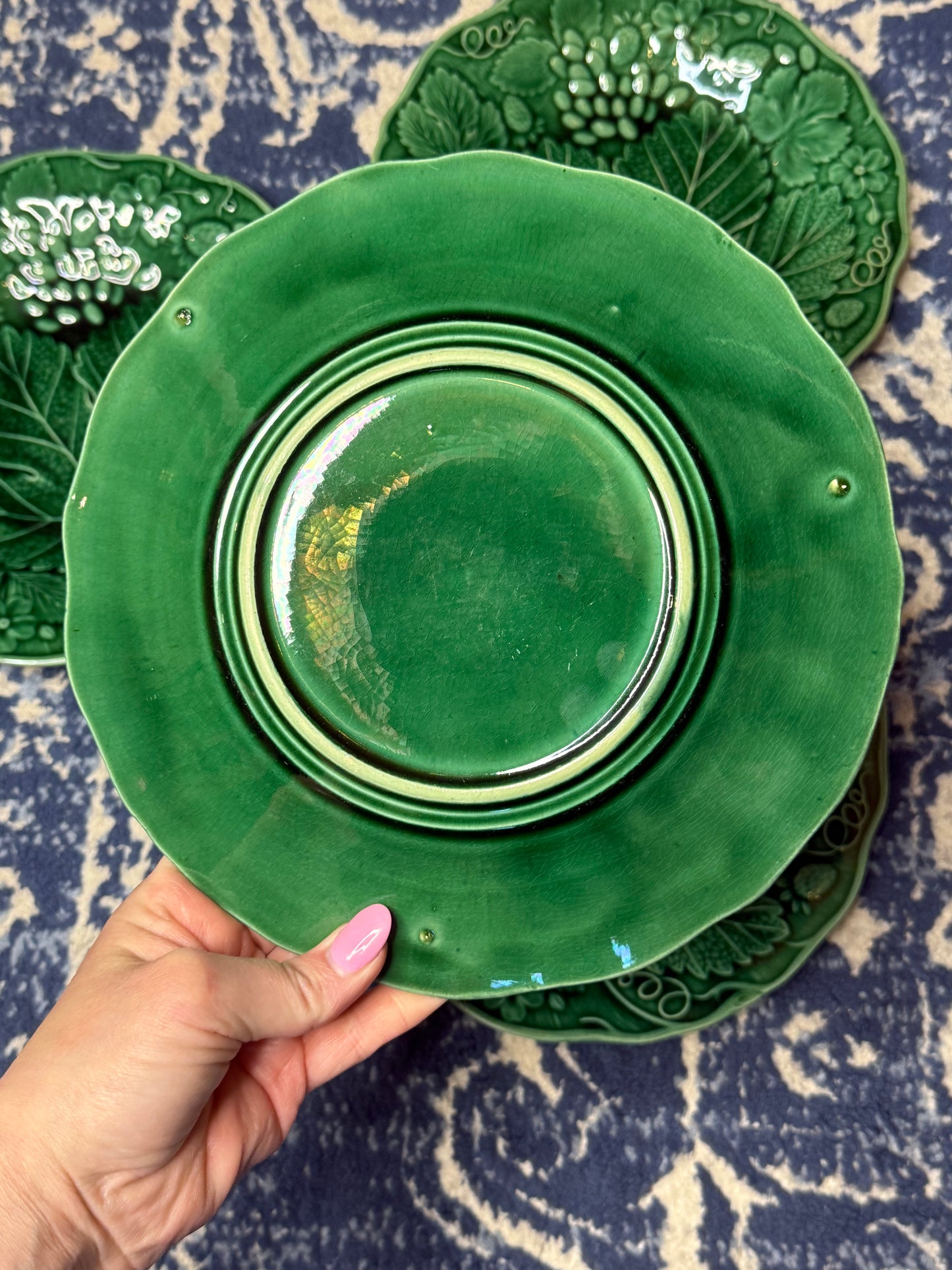 Antique French Majolica Strawberry & Vine Plates | Set of 4 | Green Botanical Relief | Victorian Faience | DA4532
