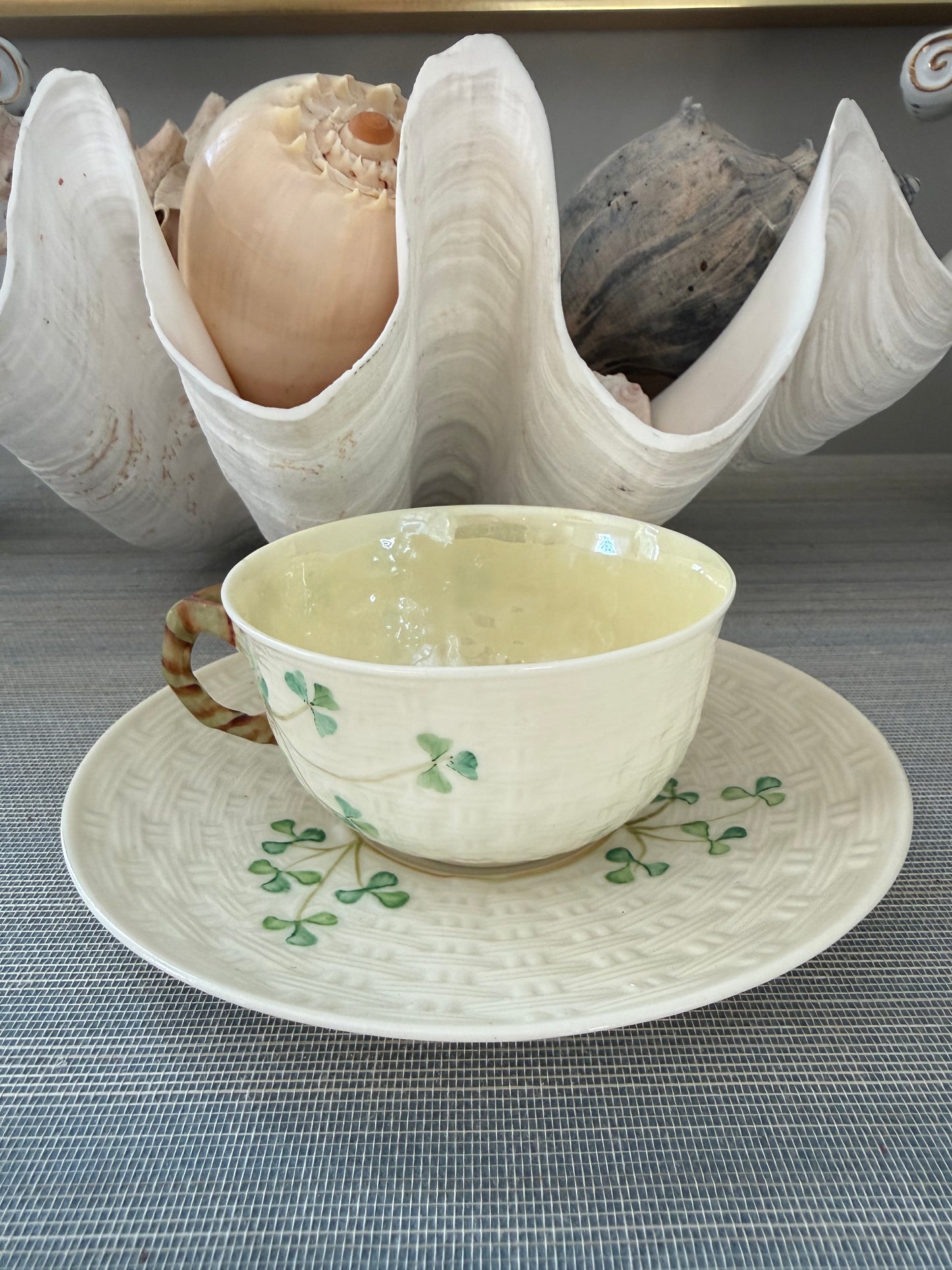 Vintage Irish Belleek Shamrock Cup & Saucer – Hand Painted