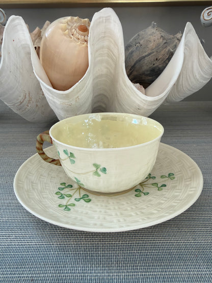 Vintage Irish Belleek Shamrock Cup & Saucer – Hand Painted