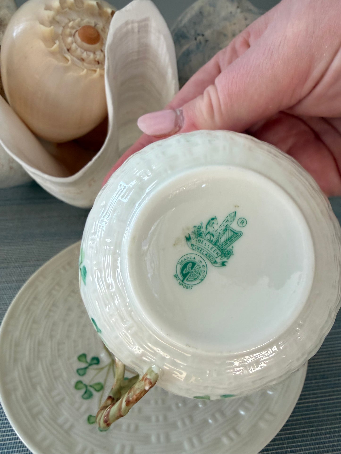 Vintage Irish Belleek Shamrock Cup & Saucer – Hand Painted