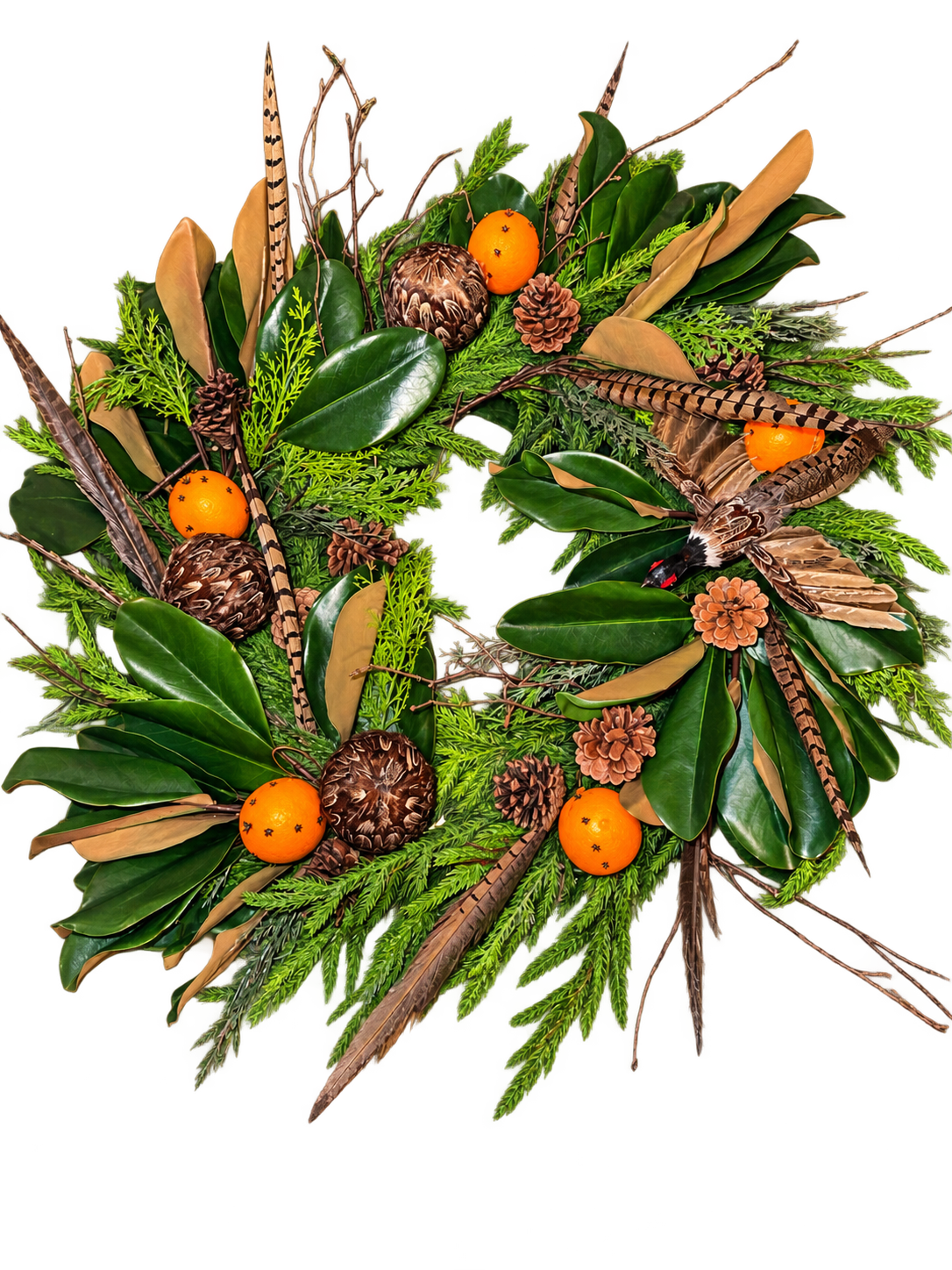 Custom English Countryside Pheasant, Magnolia & Pomander Fall Wreath | 30” Handcrafted Luxury Holiday Wreath