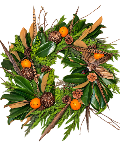 Custom English Countryside Pheasant, Magnolia & Pomander Fall Wreath | 30” Handcrafted Luxury Holiday Wreath