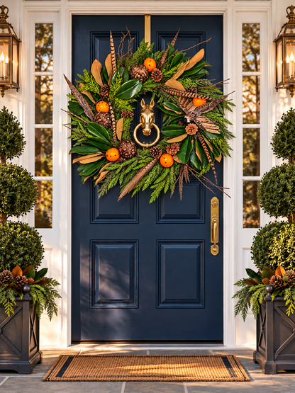 Custom English Countryside Pheasant, Magnolia & Pomander Fall Wreath | 30” Handcrafted Luxury Holiday Wreath