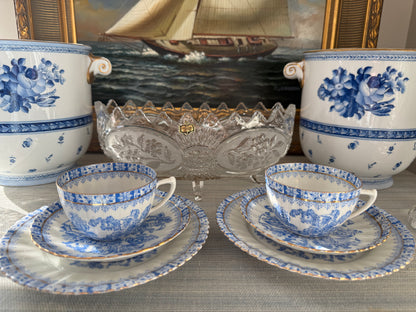 Vintage Blue & White Porcelain Set for 2 - Pair of Teacups, Saucers & Dessert Plates