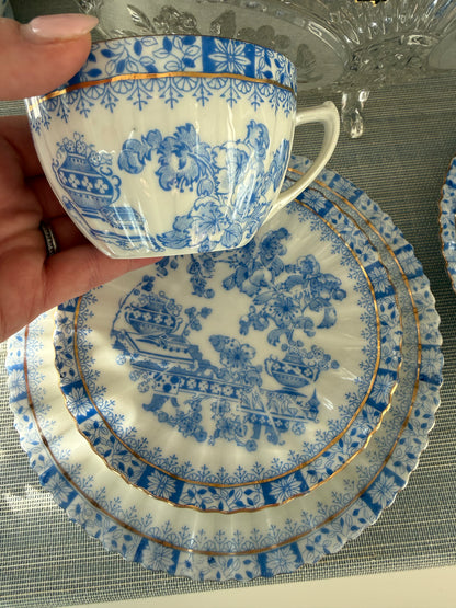 Vintage Blue & White Porcelain Set for 2 - Pair of Teacups, Saucers & Dessert Plates