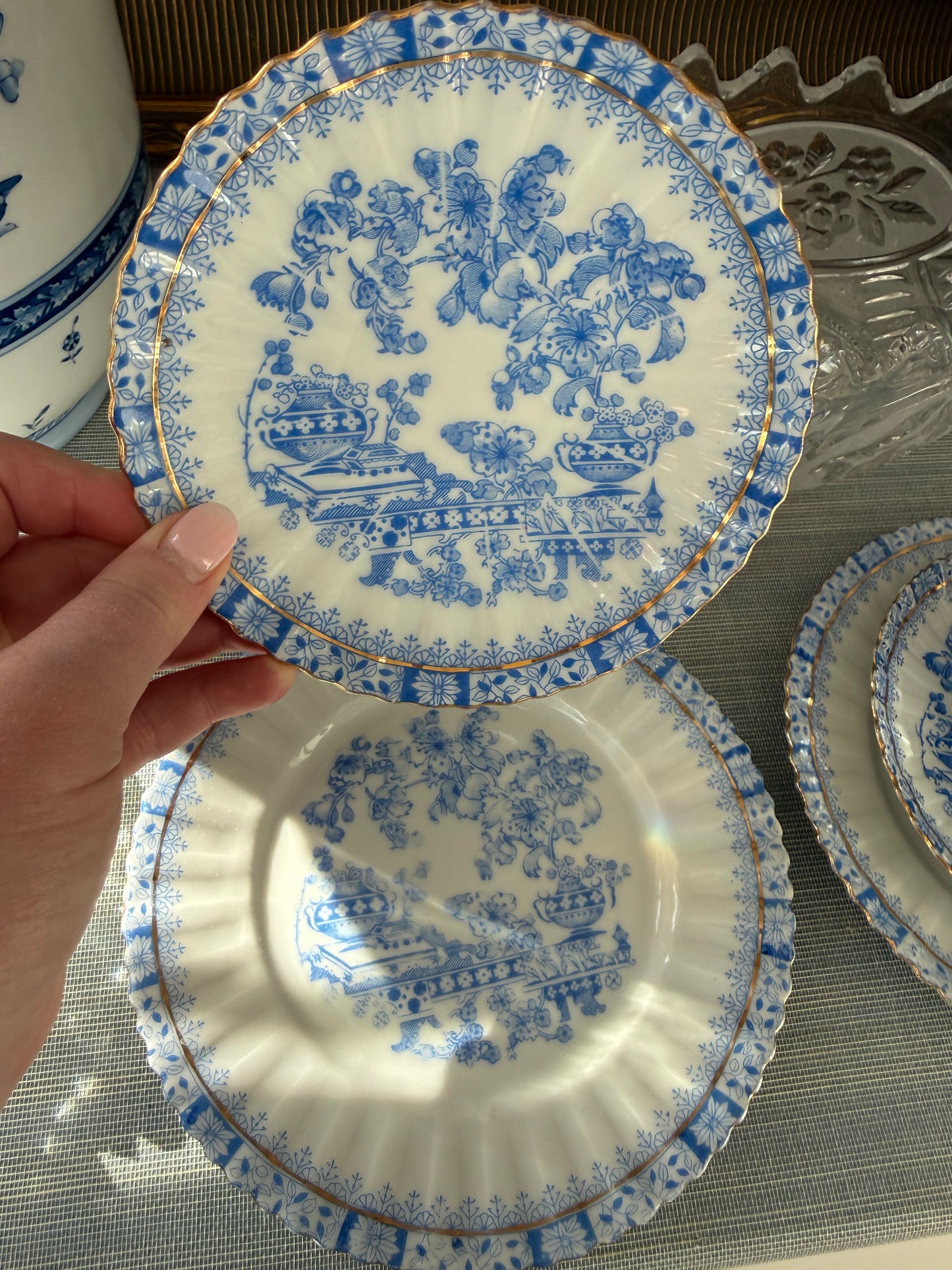 Vintage Blue & White Porcelain Set for 2 - Pair of Teacups, Saucers & Dessert Plates