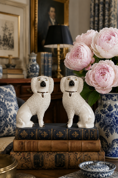Antique Staffordshire Confetti Poodles with Separated Legs, Pair, 6.5” Tall, 19th Century