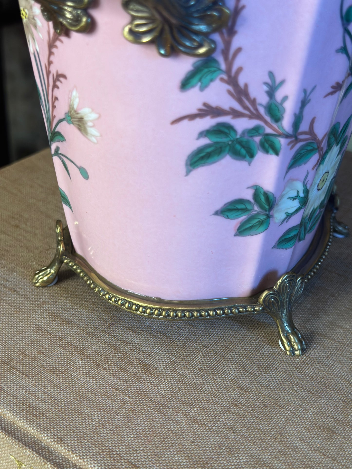 Danny's Fine Porcelain: Pink Floral Footed Basin/ Planter: Birds, Hand Painted, 9x6x7”