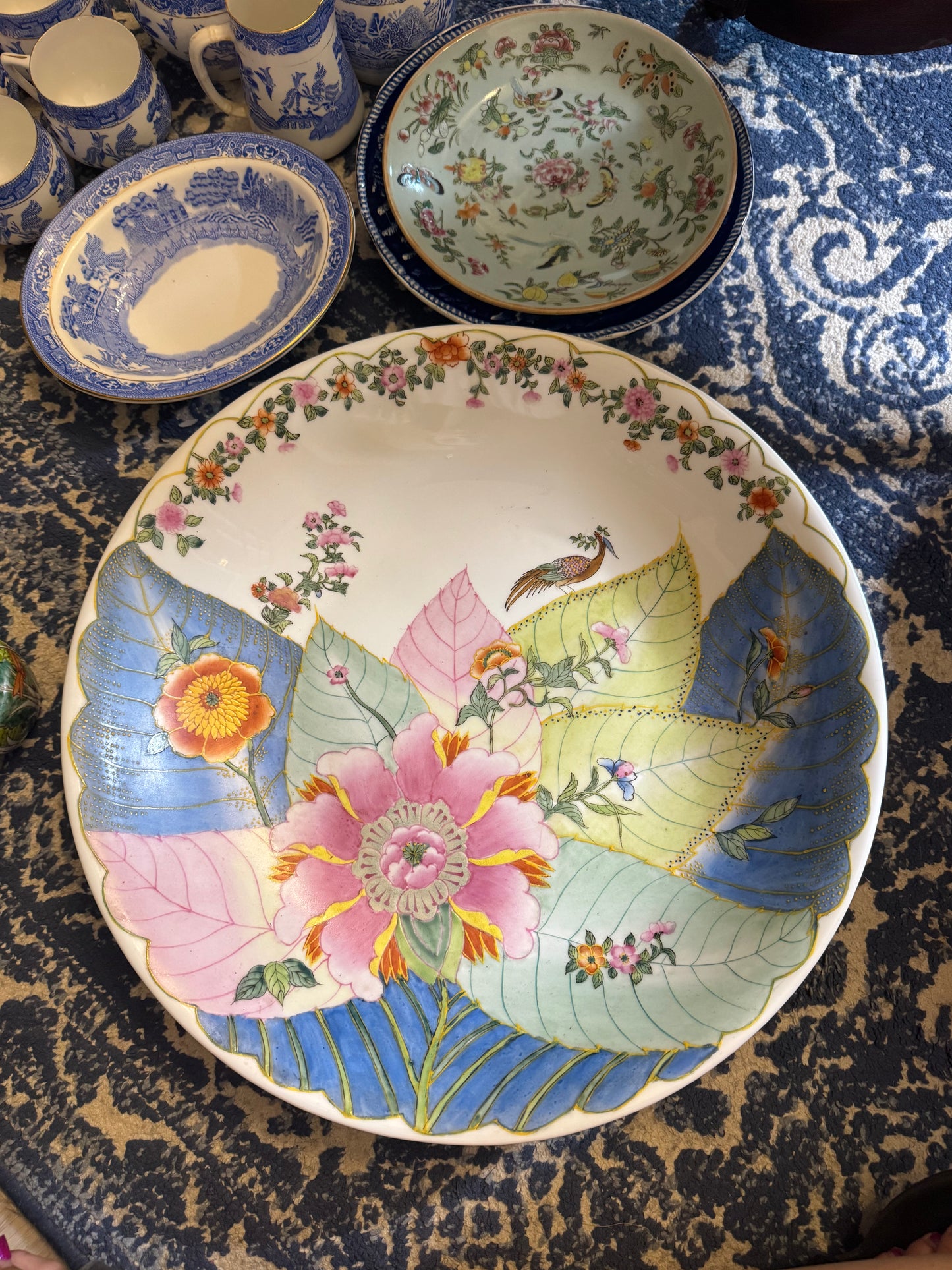Vintage Chinese Tobacco Leaf Porcelain Charger | Famille Rose Bird & Floral Design | 16.5”