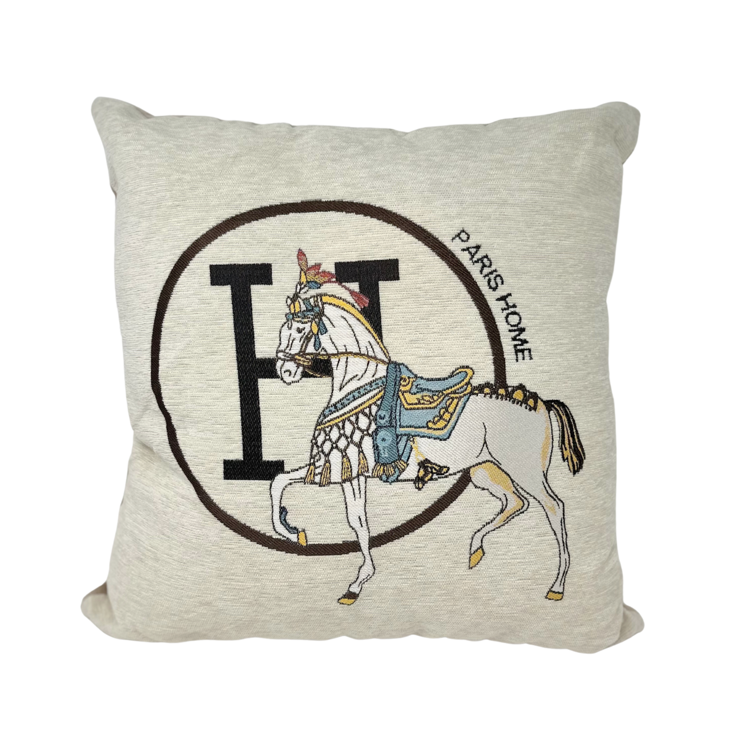 Luxury Equestrian “H” Square Horse Pillow W/Down Insert – Cream, 18x18”