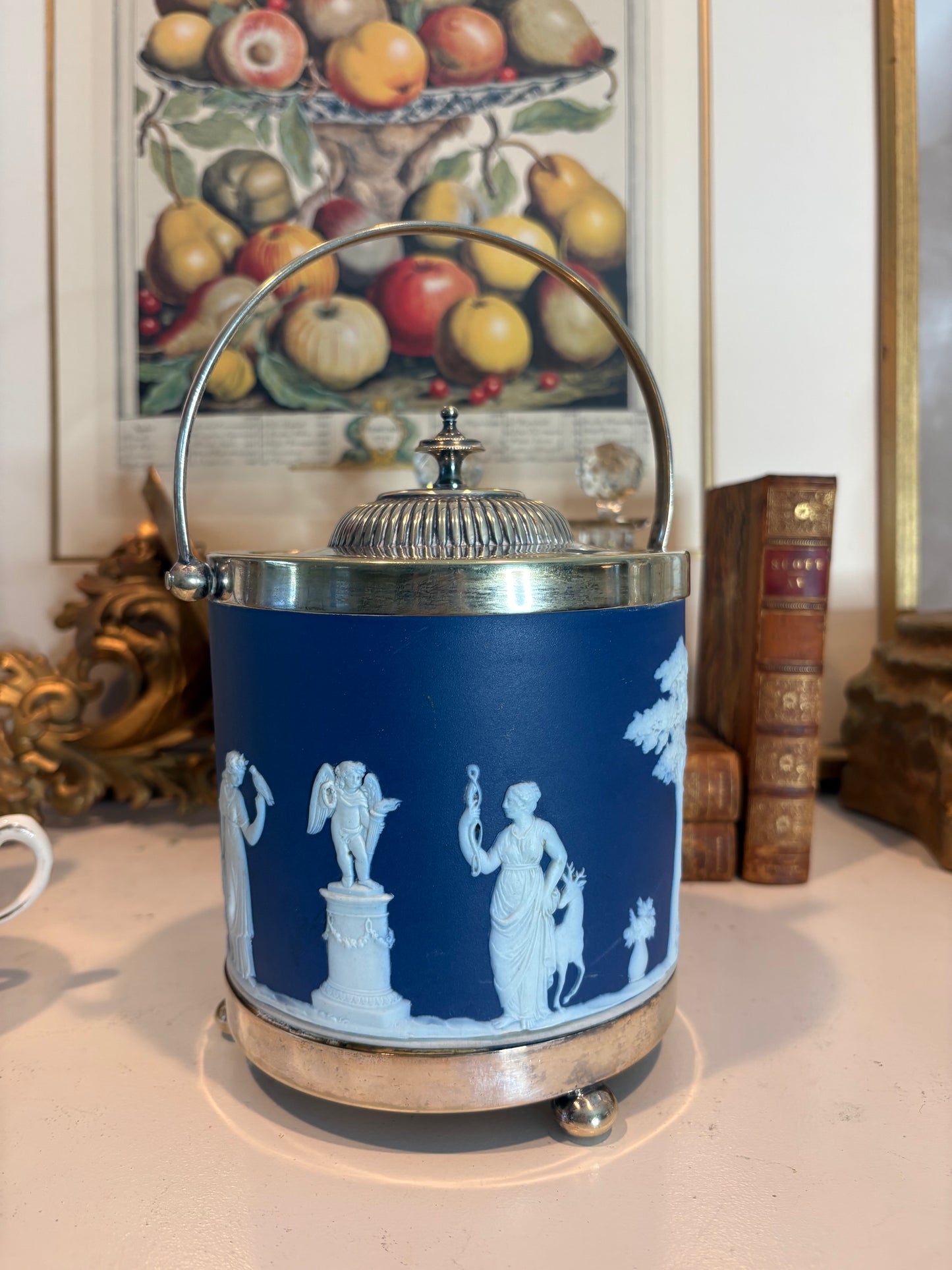 Antique Jasperware Cobalt Blue Dip Biscuit Jar W/ Silverplate Mounts