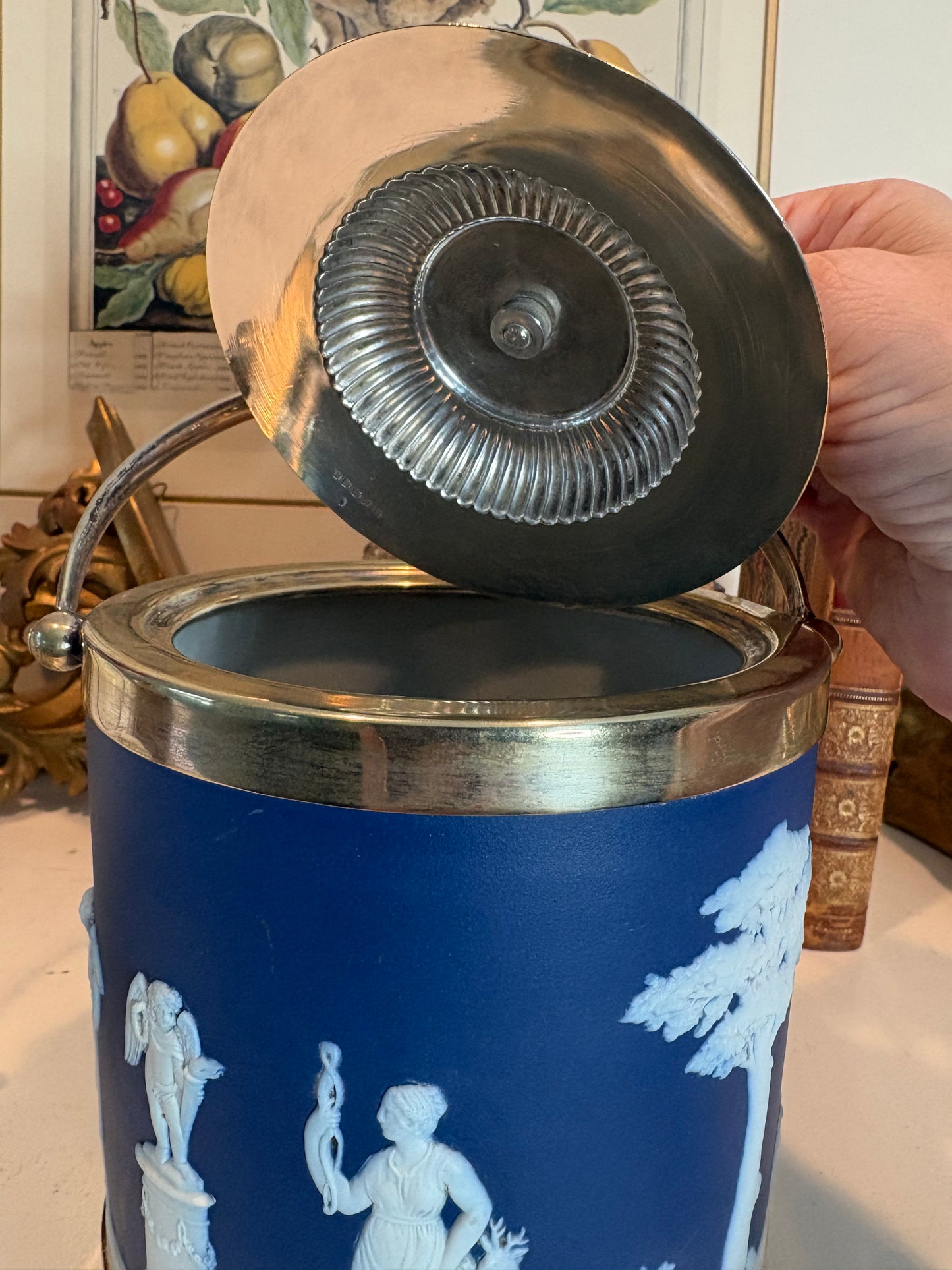 Antique Jasperware Cobalt Blue Dip Biscuit Jar W/ Silverplate Mounts