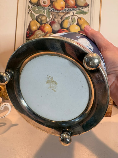 Antique Jasperware Cobalt Blue Dip Biscuit Jar W/ Silverplate Mounts