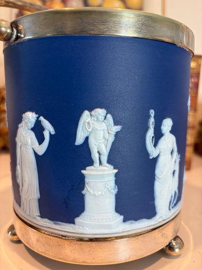 Antique Jasperware Cobalt Blue Dip Biscuit Jar W/ Silverplate Mounts