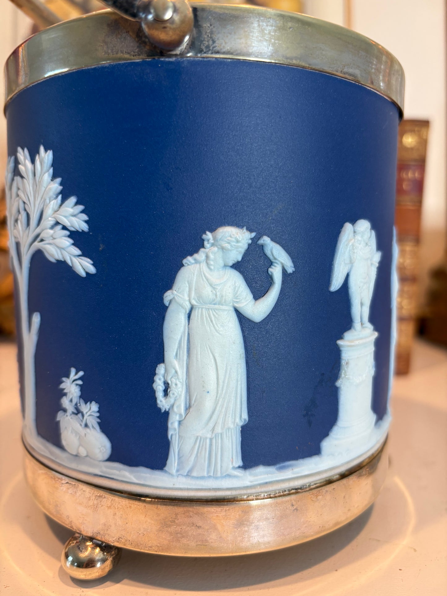 Antique Jasperware Cobalt Blue Dip Biscuit Jar W/ Silverplate Mounts