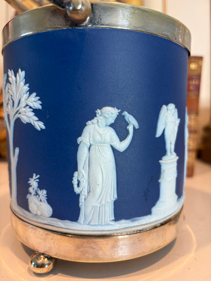 Antique Jasperware Cobalt Blue Dip Biscuit Jar W/ Silverplate Mounts